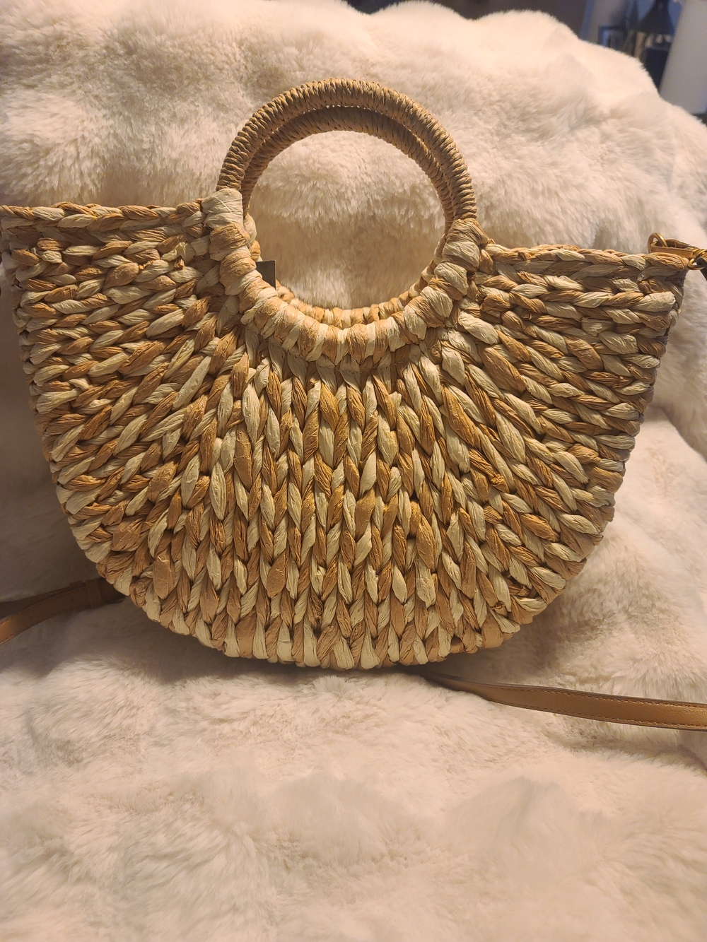 Style & Co. Braided Straw Half-Moon Tote in Tan and Cream